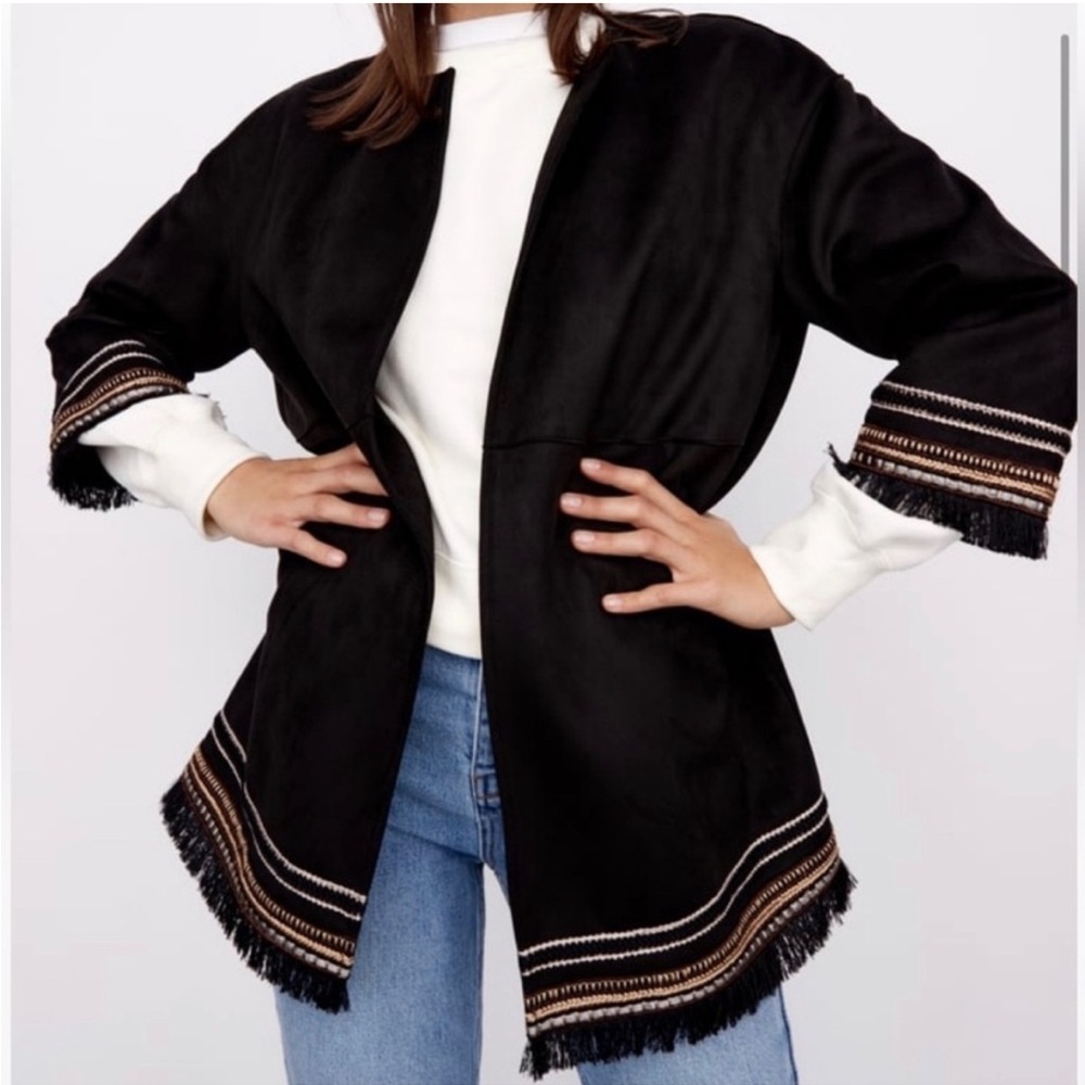 ZARA Combination Faux‎ Suede Embroidered Fringe Hem Jacket Black